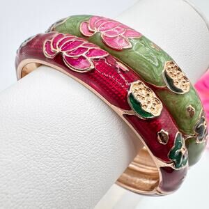 Jiu Long Xing Lotus Flower Floral Clamper Bangle Bracelet Set Red Green Enamel